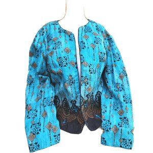 Coldwater Creek Turquoise Blue Brown Retro Print Cotton Jacket Women's Sz 14